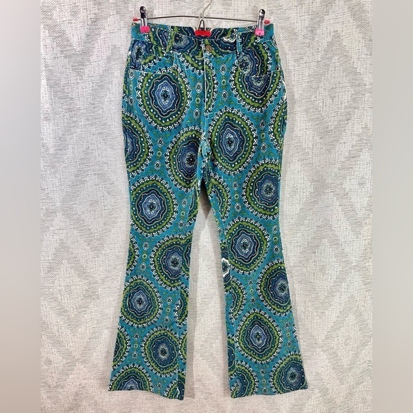 Y2K groovy Jane Doe kaleidoscope velour beaded bootcut green & teal pants - Picture 1 of 15